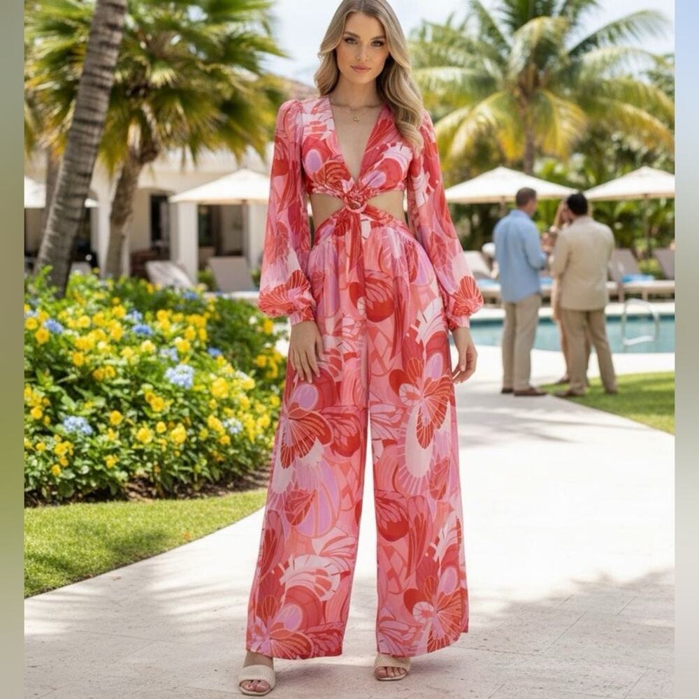 ALL ABOUT MAY Pink Floral O-Ring Cutout Wide Leg Jumpsuit Balloon Sleeve Boho